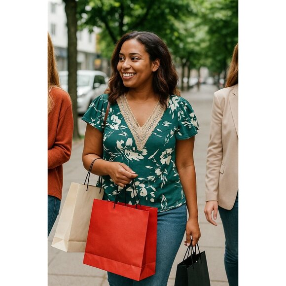 Green Floral Blouse W/ Crochet V-Neckline Womens M - Picture 1 of 6